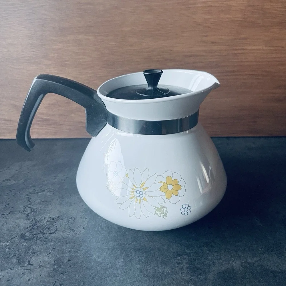 VTG Corning Ware 6 Cup Tea Pot P-104  Floral Bouquet Stovetop Kettle Retro 70s
